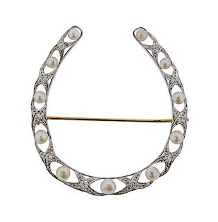 Antique 14k Gold Platinum Diamond Pearl Lucky Horseshoe Brooch 