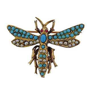 Antique 14k Gold Pearl Turquoise Dragonfly Brooch Pin 