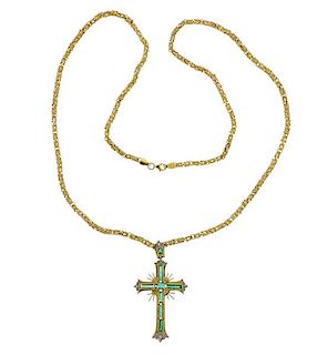18K Gold Diamond Emerald Cross Pendant Necklace