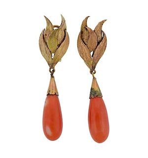 Antique 14k Gold Coral Drop Earrings 