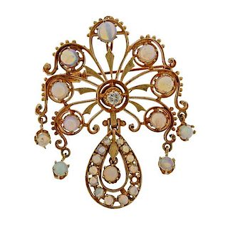 14k Gold Opal Diamond Brooch Pendant 