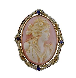 Antique Gold Seed Pearl Coral Cameo Brooch Pendant 