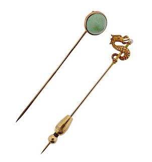 Antique 14k Gold Pearl Gemstone Stick Pin Lot of 2