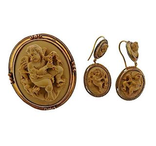 Antique Gold Lava Cameo Brooch Earrings Set 