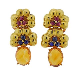18k Gold Ruby Sapphire Citrine Cocktail Earrings 