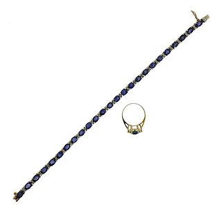 14k Gold Diamond Blue Stone Ring Bracelet Set 