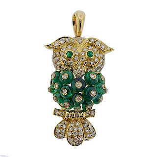 Giovane 18k Gold Diamond Emerald Owl Brooch Pendant 