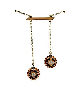 18k Gold Pearl Enamel Pendant Necklace 