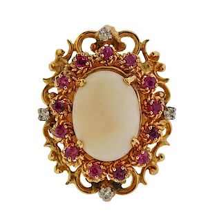 14k Gold Coral Diamond Ruby Cocktail Ring 