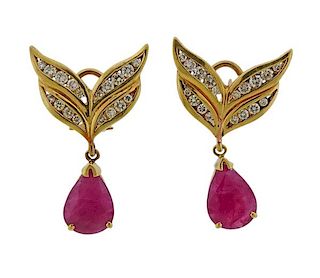 14k Gold Ruby Diamond Drop Earrings 
