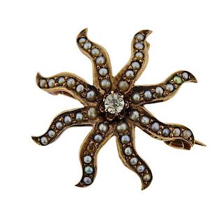 Antique Victorian 14k Gold Pearl Starburst Brooch 