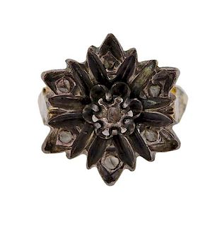 Antique 18k Gold Silver Rose Cut Diamond Flower Ring 