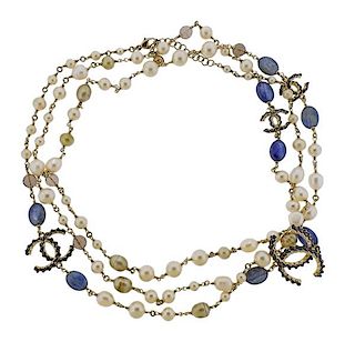Chanel Costume Pearl Color Stone Long Necklace 