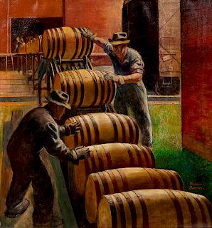 Robert L. Benney
(American, 1904 - 2001)
Rolling the Barrels Out of the Rackhouse