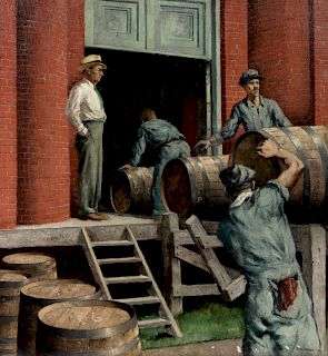 Paul Sample
(American, 1896 - 1974)
Rolling Barrels into the Rackhouse, 1945
