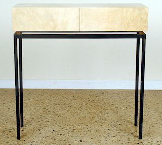 TWO DRAWER PARCHMENT COVERED CONSOLE C.1950
