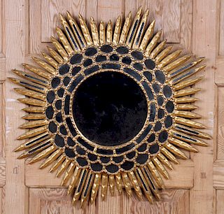 CARVED WOOD AND GLASS SUNBURST MIRROR