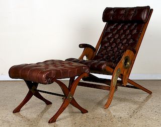 ADJUSTABLE LEATHER YACHT CHAIR AND STOOL C.1975