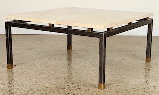 POLISHED IRON COFFEE TABLE PARCHMENT TOP C.1970