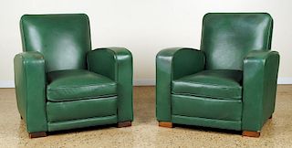 PAIR ART DECO GREEN LEATHER LOUNGE CHAIRS C.1930
