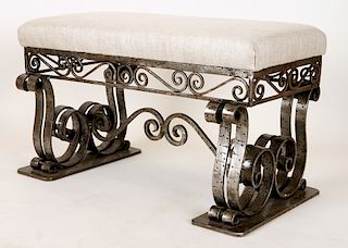 ART DECO IRON BENCH NEWLY UPHOLSTERED SEAT