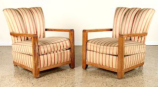 PAIR FRENCH CERUSED OAK OPEN ARM CLUB CHAIRS 1940