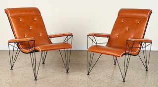 PAIR ITALIAN UPHOLSTERED IRON FRAME LOUNGE CHAIRS