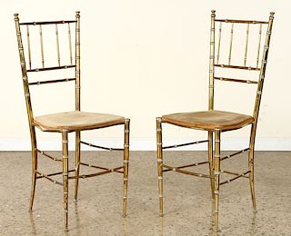PAIR VINTAGE BRASS BAMBOO SIDE CHAIRS UPHOLSTERED