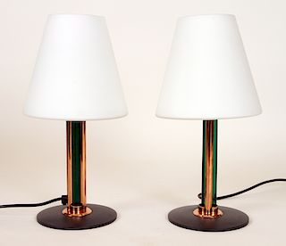 PAIR HEAVY IRON TABLE LAMPS COPPER GREEN GLASS