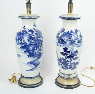 A Pair of Soft Paste Blue & White Landscape Vases