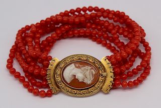 JEWELRY. 14kt Gold, Coral, and Cameo Bracelet.