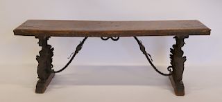 Antique Italian Wood and Iron Bench.