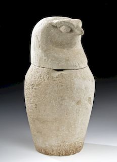 Egyptian Limestone Canopic Jar w/ Falcon Lid