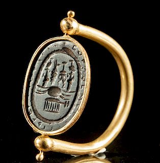 21K Gold Swivel Ring w/ Roman Gnostic Gem, Hematite