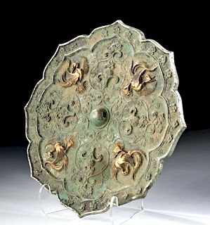 Chinese Tang Dynasty Gilt Bronze Mirror w/ Phoenixes