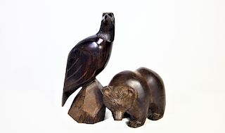 Carved Wooden Bear and Falcon