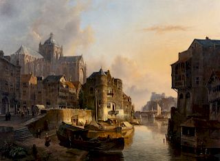 Kasparus Karsen (Dutch, 1810-1896) Bruges, the Cathedral on the River, 1847