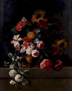 Antoine Monnoyer (French, 1670-1747) Still Life of Flowers in a Gilt Vase on a Stone Pedestal