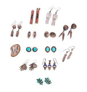 13 Pairs of Native American Silver and Turqoise Earrings and Pin
