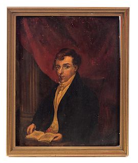 Early Oil on Board Portrait of Jas E. Calhoon with Book