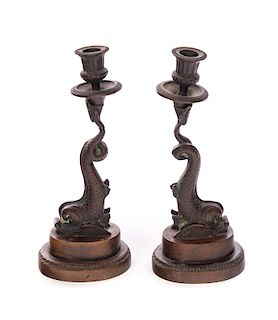 Early 1800's Bronze Dolphin Candlesticks