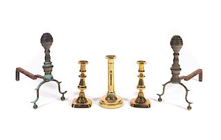 Early Brass Andirons and Candlesticks