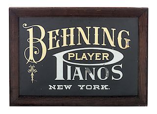 Behning Player Pianos New York Reverse Glass Sign