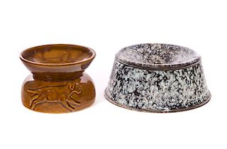 2 Graniteware and Brown Stoneware Dog Spittoons