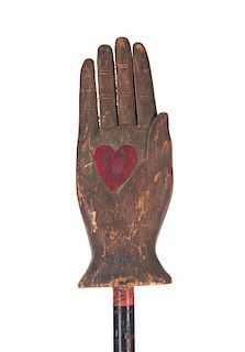 Odd Fellows Folk Art Painted and Carved Heart in the Hand Staff