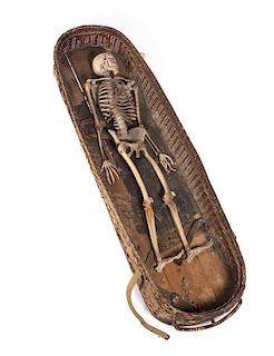 Odd Fellows Articulated Human Skeleton in Wicker Coffin