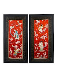 A Pair of Chinese Embroidered Silk Panels
Each: height 45 1/2 x width 19 1/2 in., 115.5 x 49.5 cm.