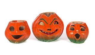 3 Antique Pumpkin Halloween Trick or Treat Candy Containers