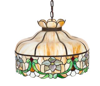 Antique Leaded Stained Slag Glass Chandelier