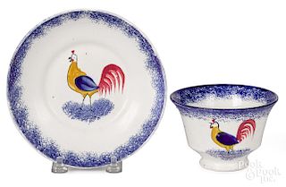 Blue spatter rooster cup and saucer